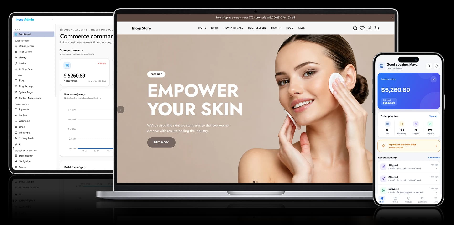 Incep Commerce super admin, storefront, and merchant app