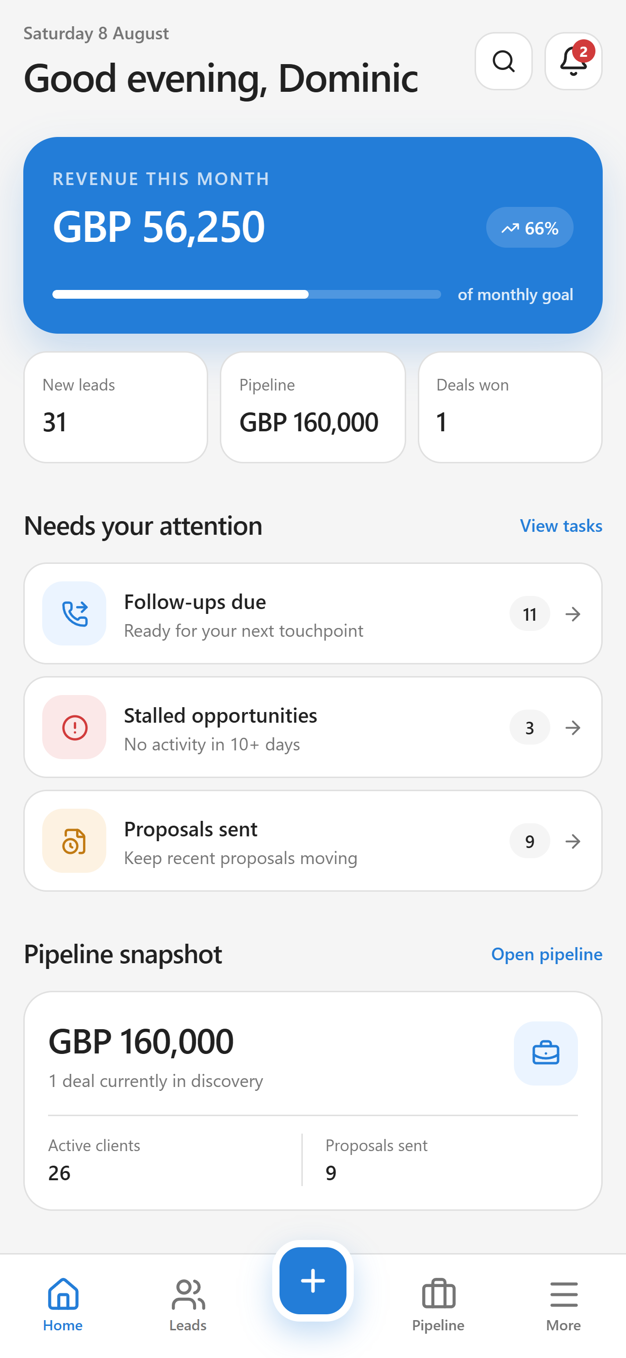 Incep CRM mobile home dashboard