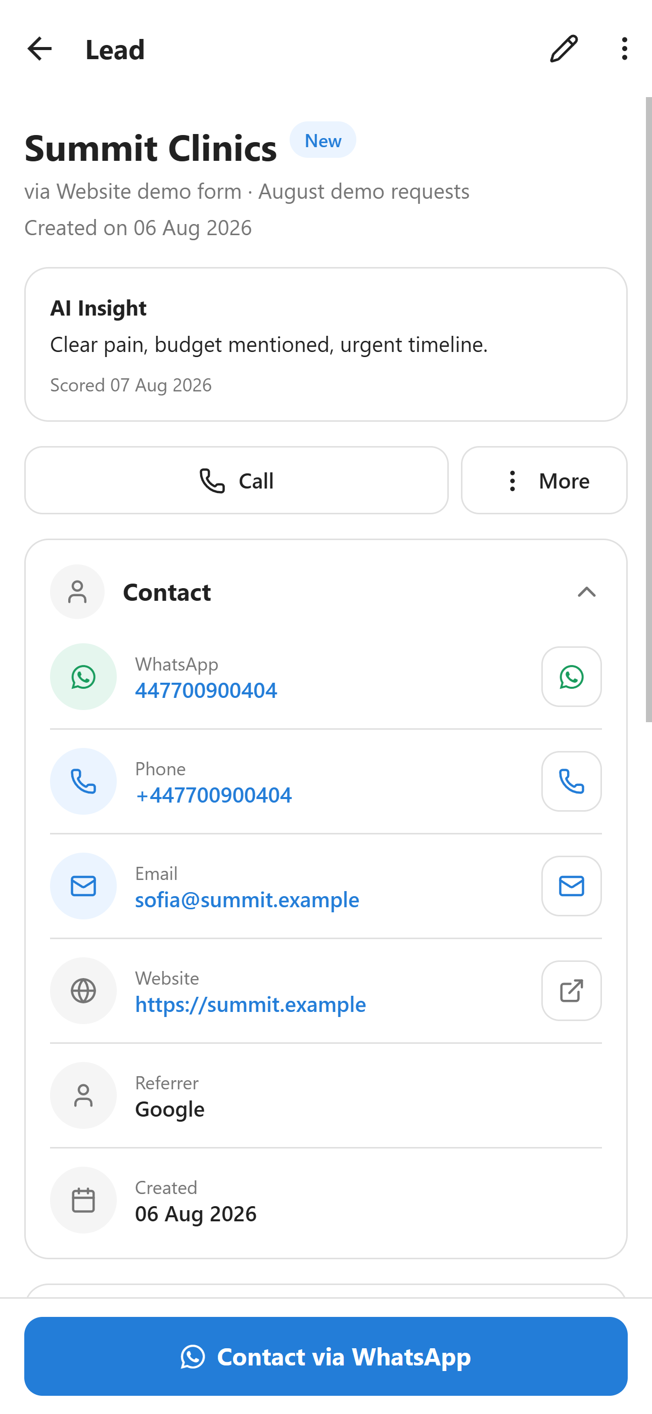 Incep CRM mobile lead details