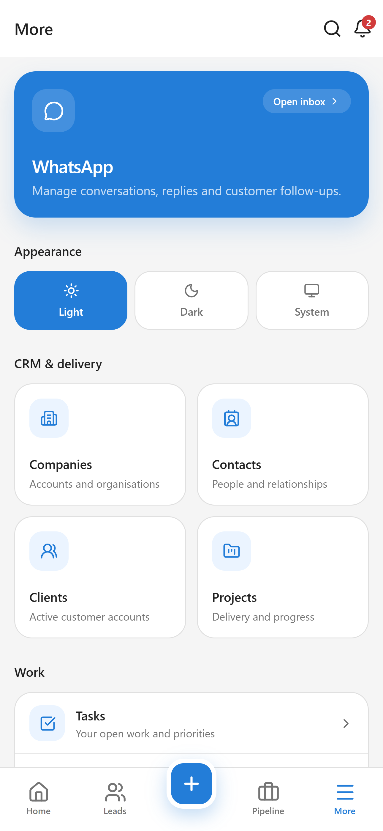 Incep CRM mobile tools and settings