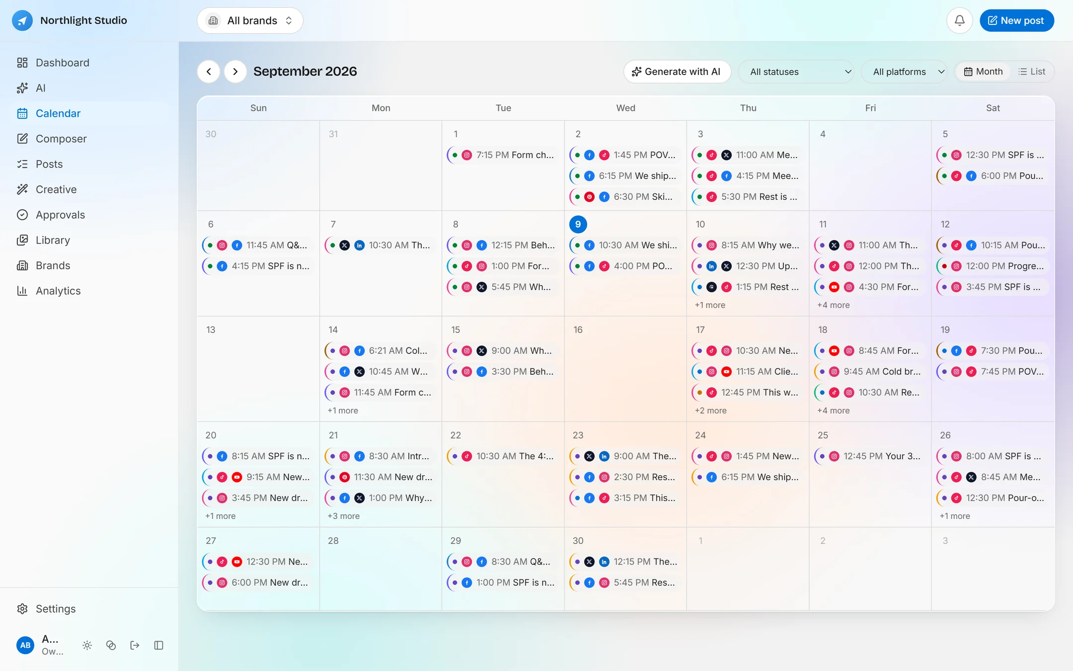 A month of scheduled posts across four client brands in the Incep Social calendar