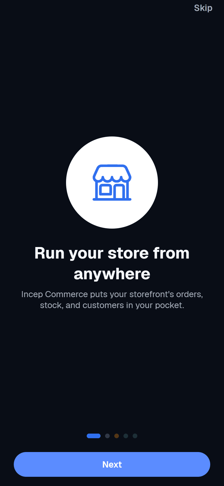 Incep Commerce mobile app onboarding screen